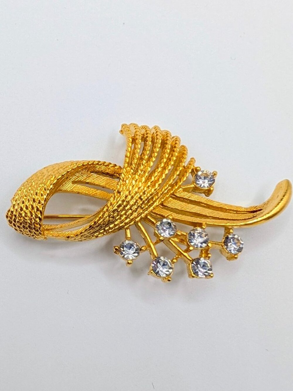 M. Jent Gold-Tone Textured Leaf Brooch with Accented Rhinestones - Vintage